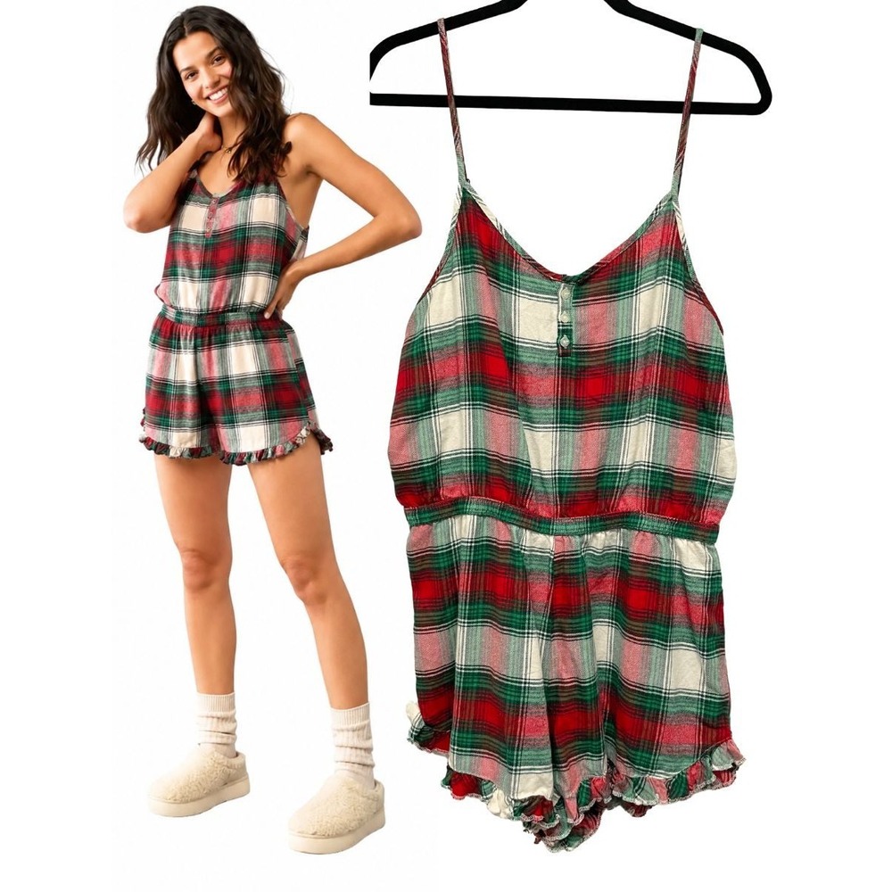 NWT American Eagle AE Lounge Plaid Romper Womens Large Ruffle Christmas